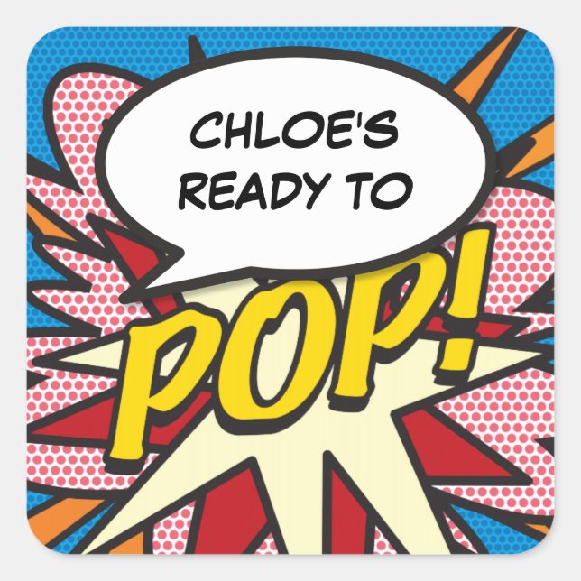 Comic Book Ready to POP! Babydusche Sprinkle Quadratischer Aufkleber (Vorderseite)