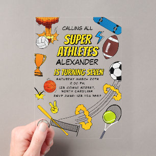 Comic-Book-Retro-Sport-Atletik-Bälle Geburtstag Acryleinladungen
