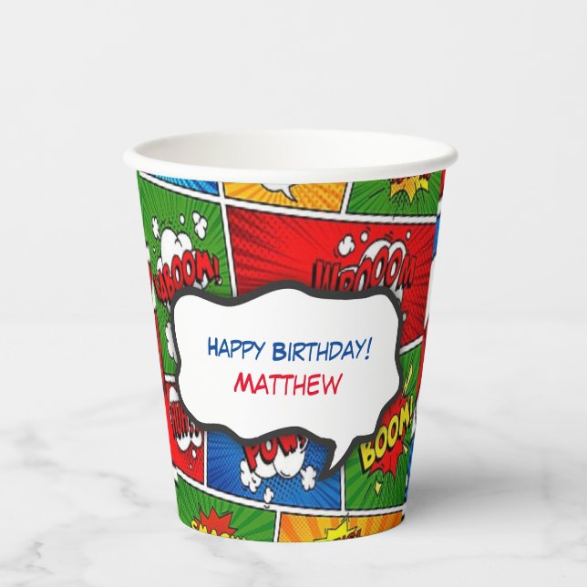 Comic Book Style Kindergeburtstag Party Pappbecher (Vorderseite)