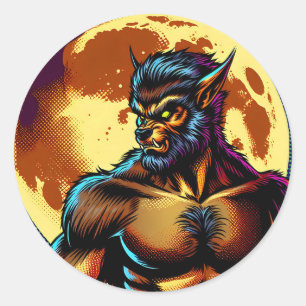 Comic Book Style Werewolf vor Vollmond Runder Aufkleber