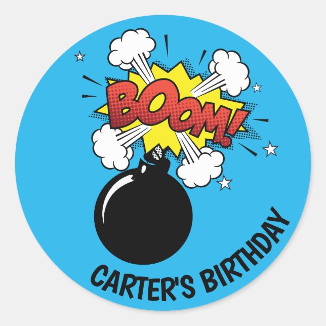 Comic Book Super Hero Birthday Boom Bomb Runder Aufkleber (Vorderseite)