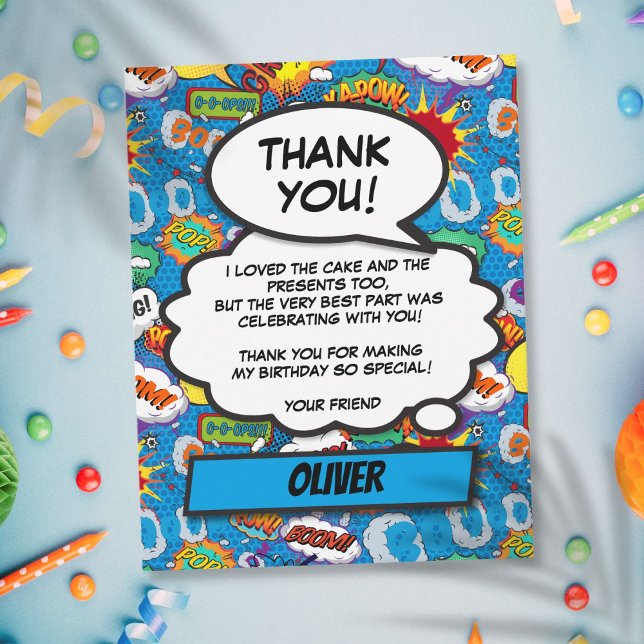 Comic-Book-Superhelden-Geburtstagsfeier Blau Danke (Comic Book Superhero Birthday Party Blue Thank You)
