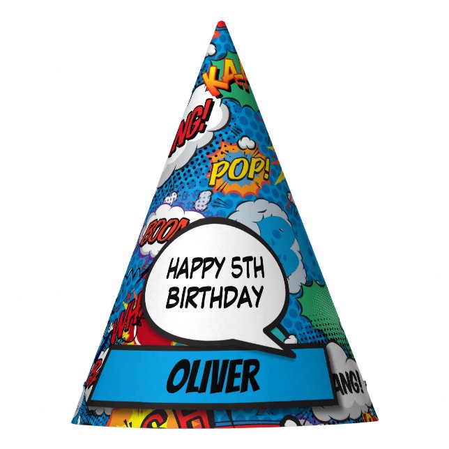 Comic Book Superhero Birthday Blue Partyhütchen (Vorderseite)