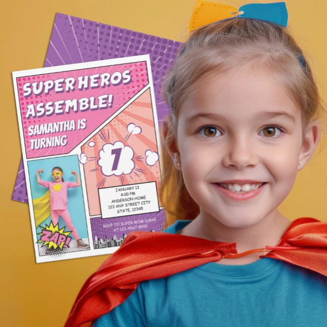 Comic Book Superhero Einzigartiges Girl's Foto Geb Einladung (Von Creator hochgeladen)