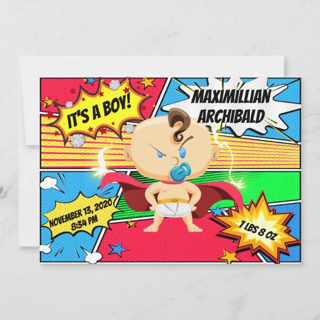 Comic Book Superhero Geburtserklärung Ankündigung (Vorderseite)