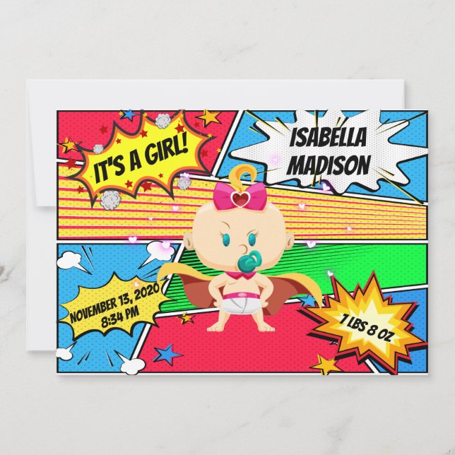Comic Book Superhero Girl Faire-part de naissance (Devant)