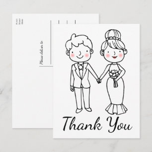 Comic-Braut Bräutigam Schwarz-Weiß Hochzeit Danke Postkarte