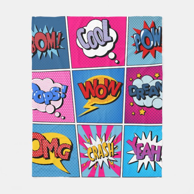 Comic Bubbles Set. Ausdrücke Bom, Cool, Pow, Oop Fleecedecke (Vorderseite)