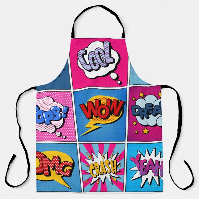 Comic Bubbles Set. Ausdrücke Bom, Cool, Pow, Oop Schürze (Vorderseite)