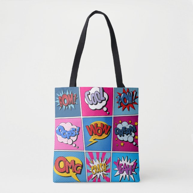 Comic Bubbles Set. Ausdrücke Bom, Cool, Pow, Oop Tasche (Vorderseite)