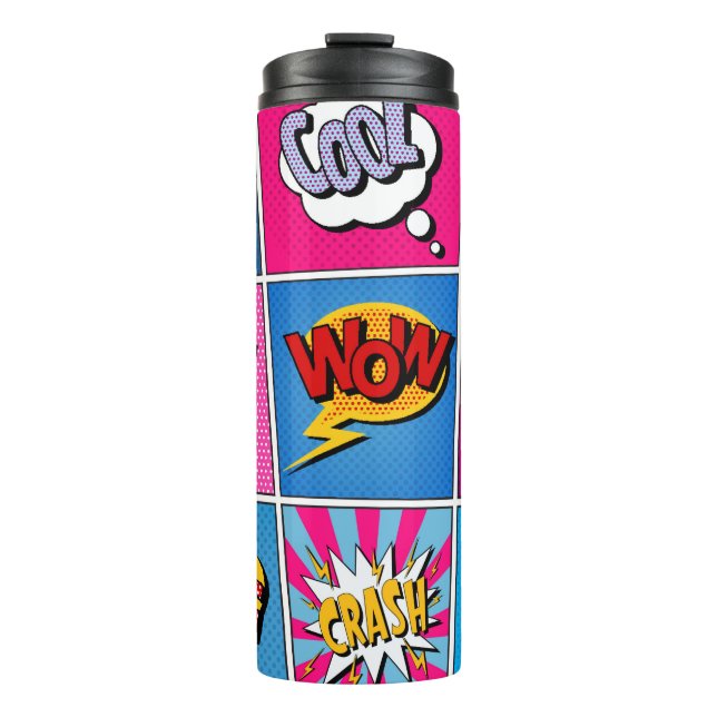 Comic Bubbles Set. Ausdrücke Bom, Cool, Pow, Oop Thermosbecher (Vorderseite)