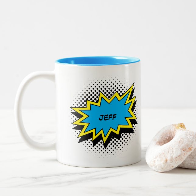 Comic-Buch-Art-buntes Namensblau Zweifarbige Tasse (Mit Donut)
