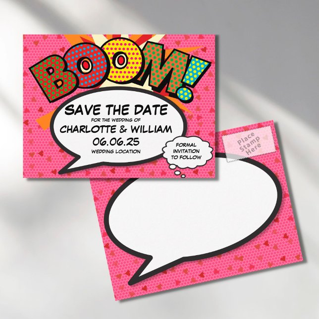 Comic Buch Pop Art BOOM Save the Date Ankündigungspostkarte (Von Creator hochgeladen)