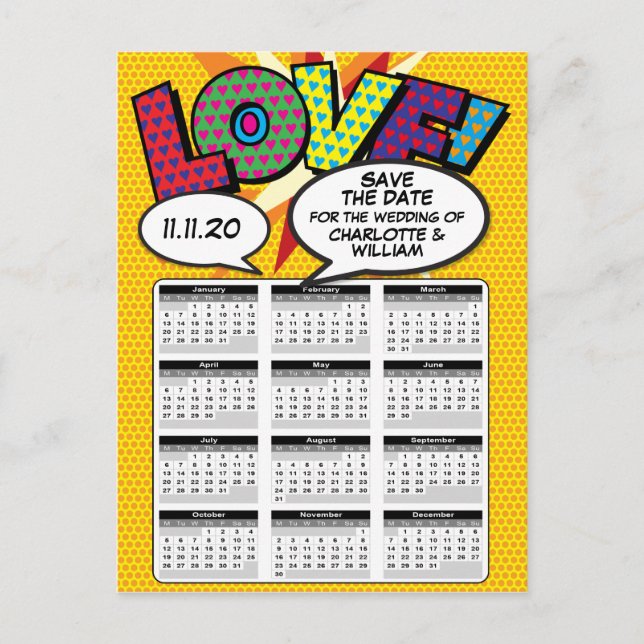 Comic Buch Pop Artikel Save the Date 2020 Kalender Ankündigungspostkarte (Vorderseite)