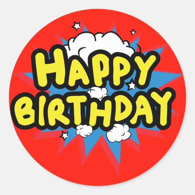 Comic Buch Style Happy Birthday Runder Aufkleber (Vorderseite)