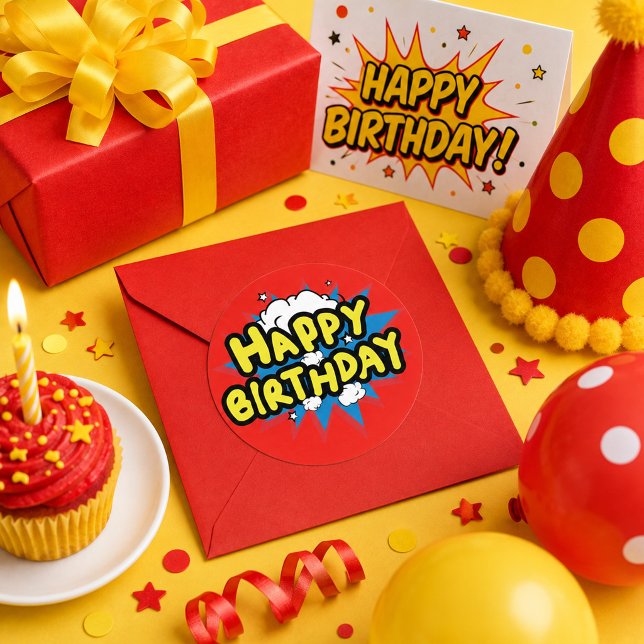Comic Buch Style Happy Birthday Runder Aufkleber (Von Creator hochgeladen)