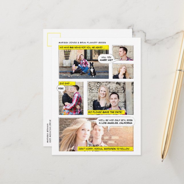 Comic Buchstil Save the Date Ankündigungspostkarte (Vorderseite/Rückseite Beispiel)