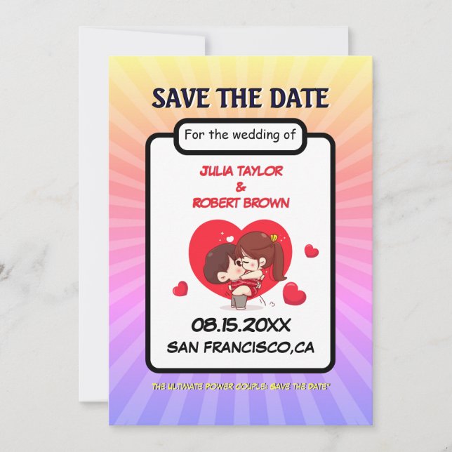 Comic-Buchstil Save the Date personalisiert Einladung (Vorderseite)