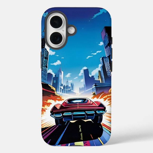 Comic Buchtwagen schnell fahren iPhone 16 Hülle (Rückseite)