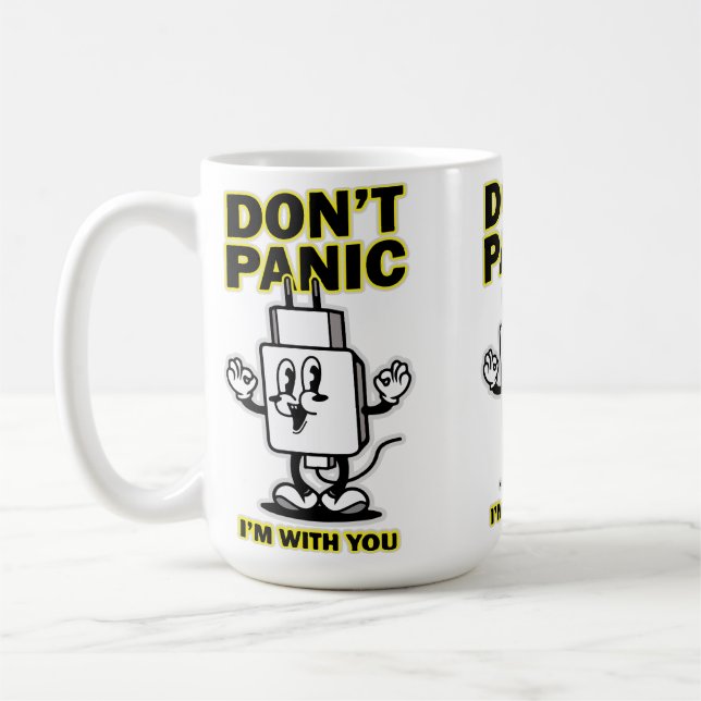 Comic-Cartoon-Ladegerät: Panik beim Design vermeid Kaffeetasse (Links)