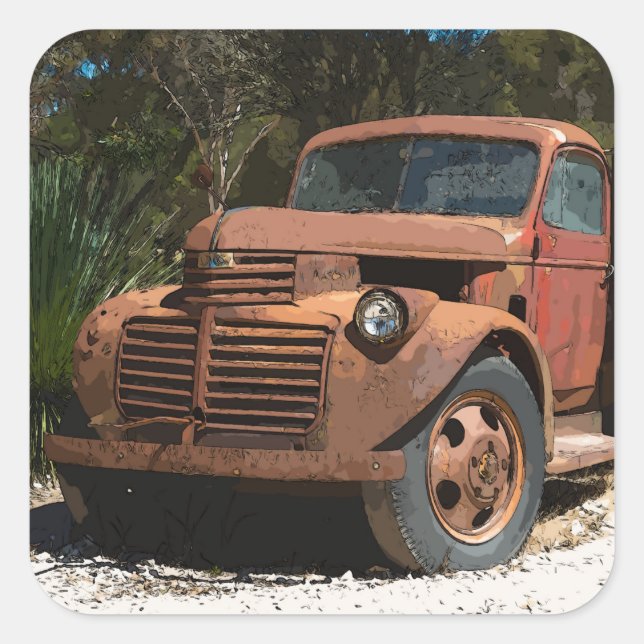 Comic Cartoon Rusty Alte LKW Outback Australien Quadratischer Aufkleber (Vorderseite)