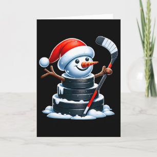 Comic-Eishockey-Puck-Schneemann mit Weihnachtsmann Karte