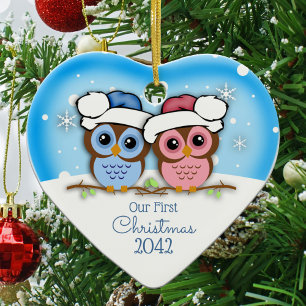 Comic-Eulen-Paar erstes Weihnachtsbaumanhänger Keramikornament