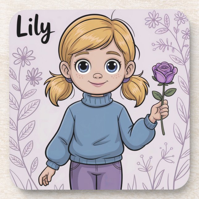 Comic Girl Lavender Rose Kunststoff Untersetzer Se (Vorderseite)