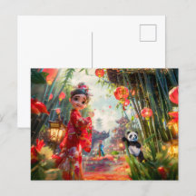 Comic Girl mit Panda im Bambuswald