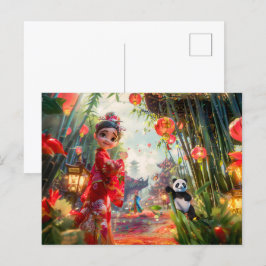 Comic Girl mit Panda im Bambuswald Feiertagspostkarte