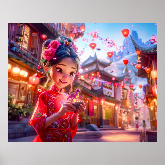 Comic Girl mit Small Hand Dragon Fantasie Poster (Vorne)