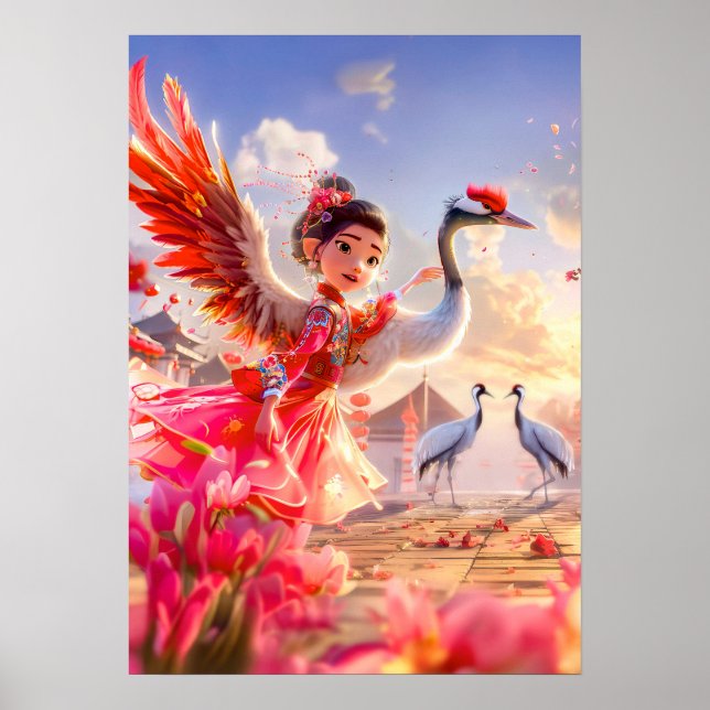 Comic Girl Tanzen mit Crane in einer traumhaften L Poster (Vorne)