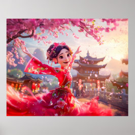 Comic Girl Tanzen mit Kirschblüten im März Poster