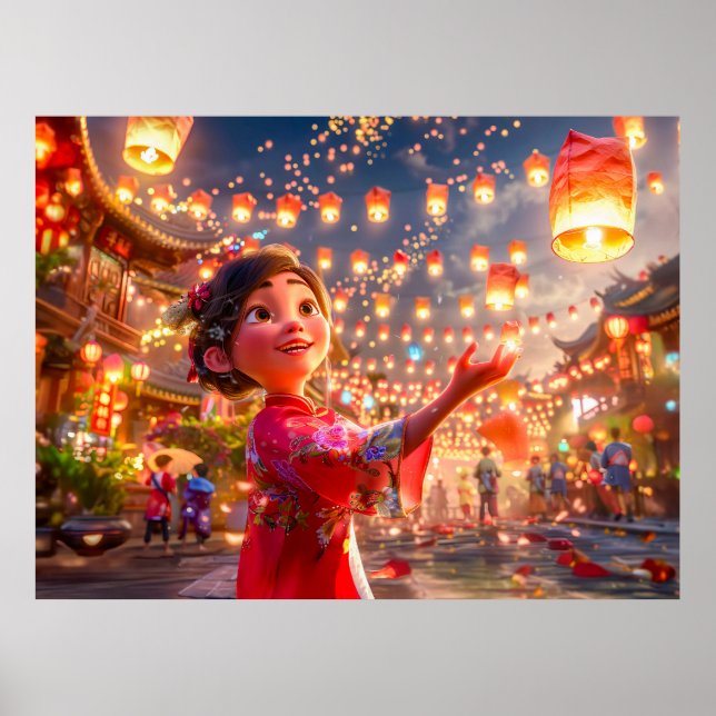 Comic Girl with Lanterns feiert chinesisches New Y Poster (Vorne)