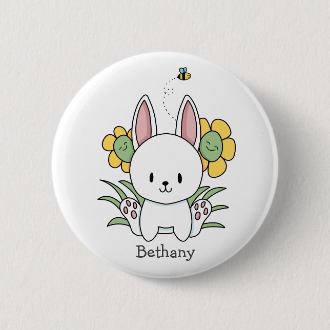 Comic-Hase mit lustigen Blumen Button (Vorderseite)