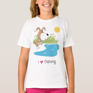 Comic-Hund-Angler-Angler am See-Sonnen-Mädchen-T-S T-Shirt