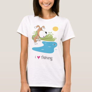 Comic-Hund-Angler-Angler-Fischsee-Sonne-Frauen T-Shirt