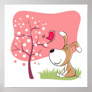 Comic-Hund Welpe Vogel Blühen Blume Rosa Frühling Poster
