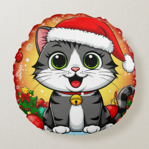 Comic-Katze in Santa-Mütze mit Weihnachtsdekoratio Rundes Kissen