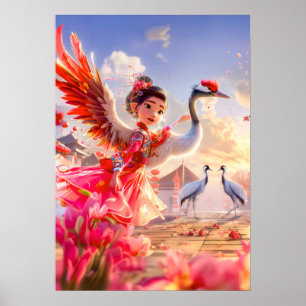Comic-Mädchen tanzt mit Kranich in einer eleganten Poster