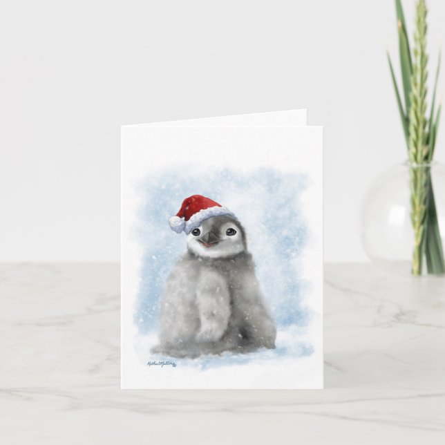Comic-Pinguinküken mit Weihnachtsmannmütze Karte (Vorderseite)