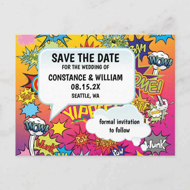 Comic Pop Art 💥 🎨 Hochzeit Graffiti Save the Dat Ankündigungspostkarte (Vorderseite)