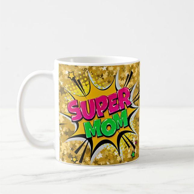 Comic Pop Art Lila Gelb Gelb SUPER MAMA Funny Kaffeetasse (Links)