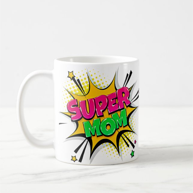 Comic Pop Art Lila Gelb Gelb SUPER MAMA Funny Kaffeetasse (Links)