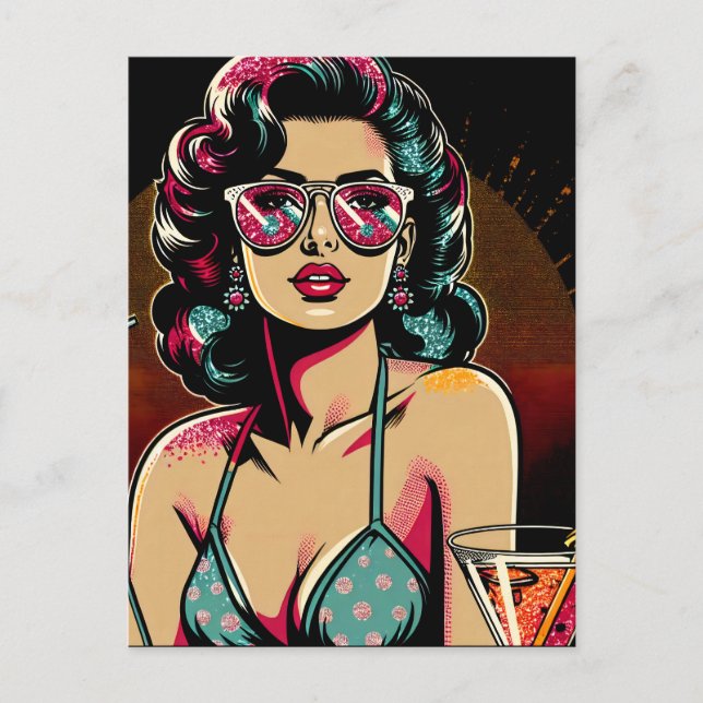 Comic Retro Pinup Giro mit Cocktail Geburtstag Postkarte (Vorderseite)