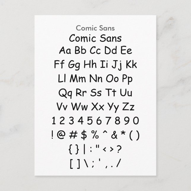 Comic Sans - Zazzle Schriftart Sampler Sheet Postkarte (Vorderseite)