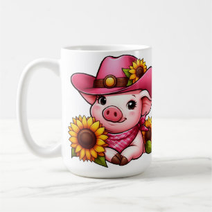 Comic-Schwein mit rosa Hut und Sonnenblumen Kaffeetasse