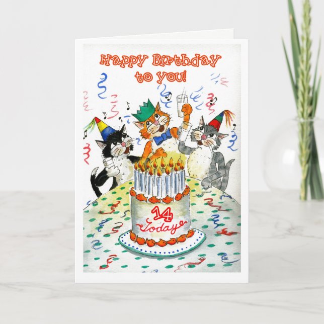 Comic Singing Cats Alter-spezifisch 14. Geburtstag Karte (Vorderseite)