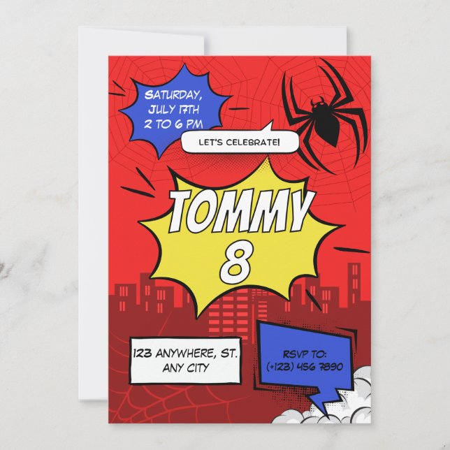 Comic Spider Theme Geburtstagsparty-Einladung Einladung (Vorderseite)