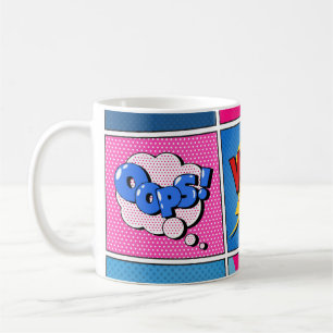 Comic-Sprechblasen-Set. Ausdrücke Bom, Cool, Pow, Kaffeetasse
